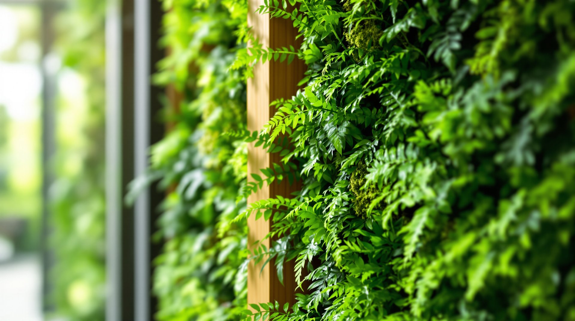 Close-up of a lush living wall of ferns and moss against warm timber