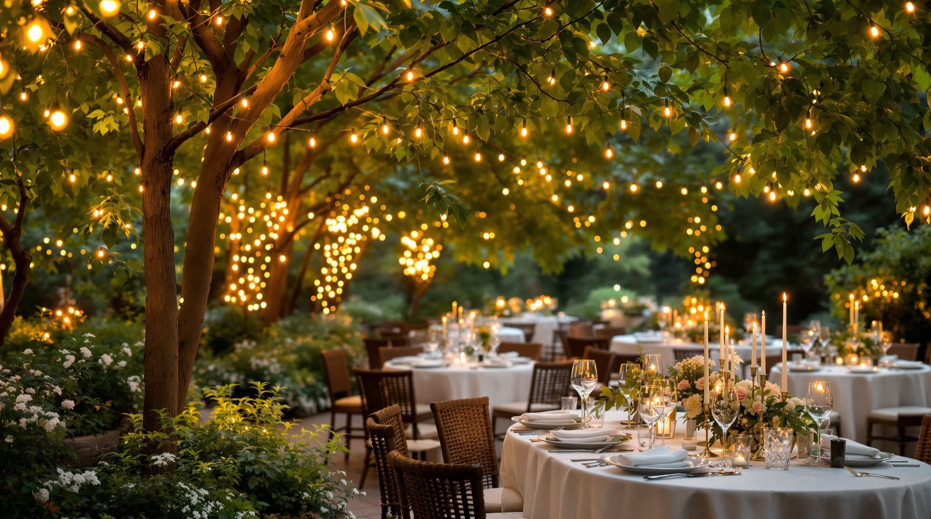 Evening garden gathering with warm string lights among trees