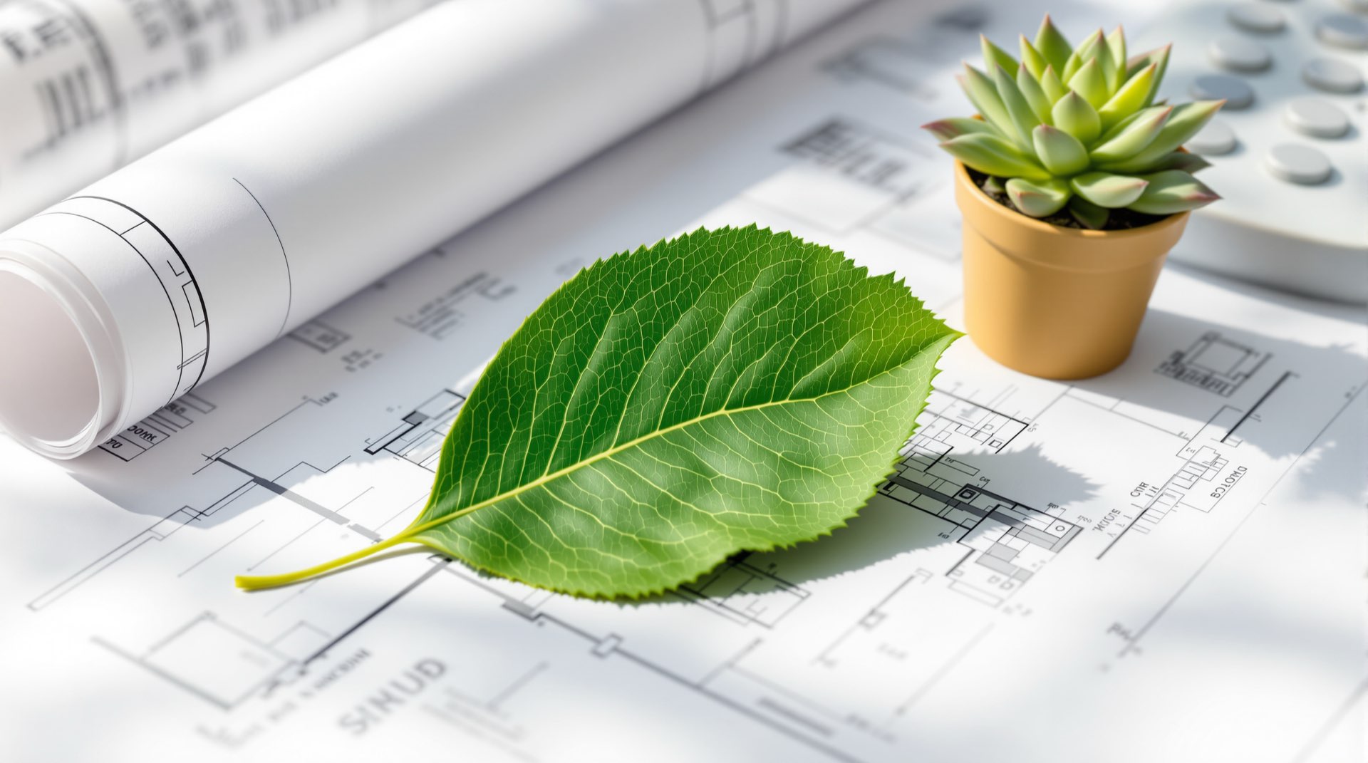 A green leaf resting on architectural blueprints beside a small potted plant