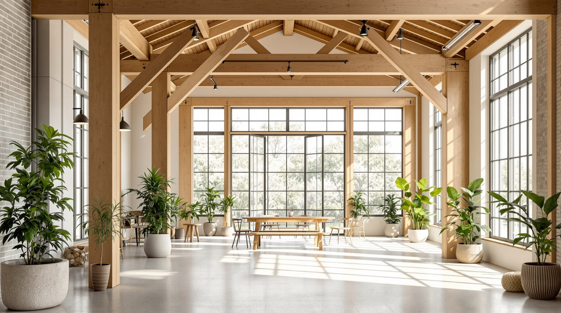 Light-filled sustainable workspace with exposed mass-timber beams and greenery