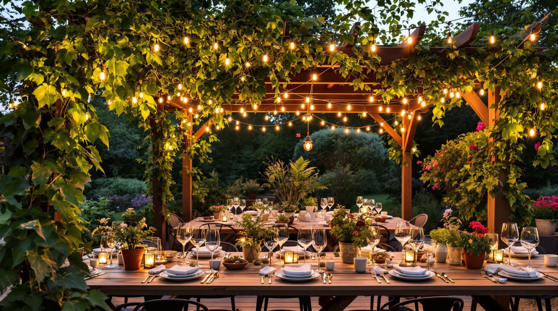 Outdoor sustainable event under a garden pergola with string lights at twilight