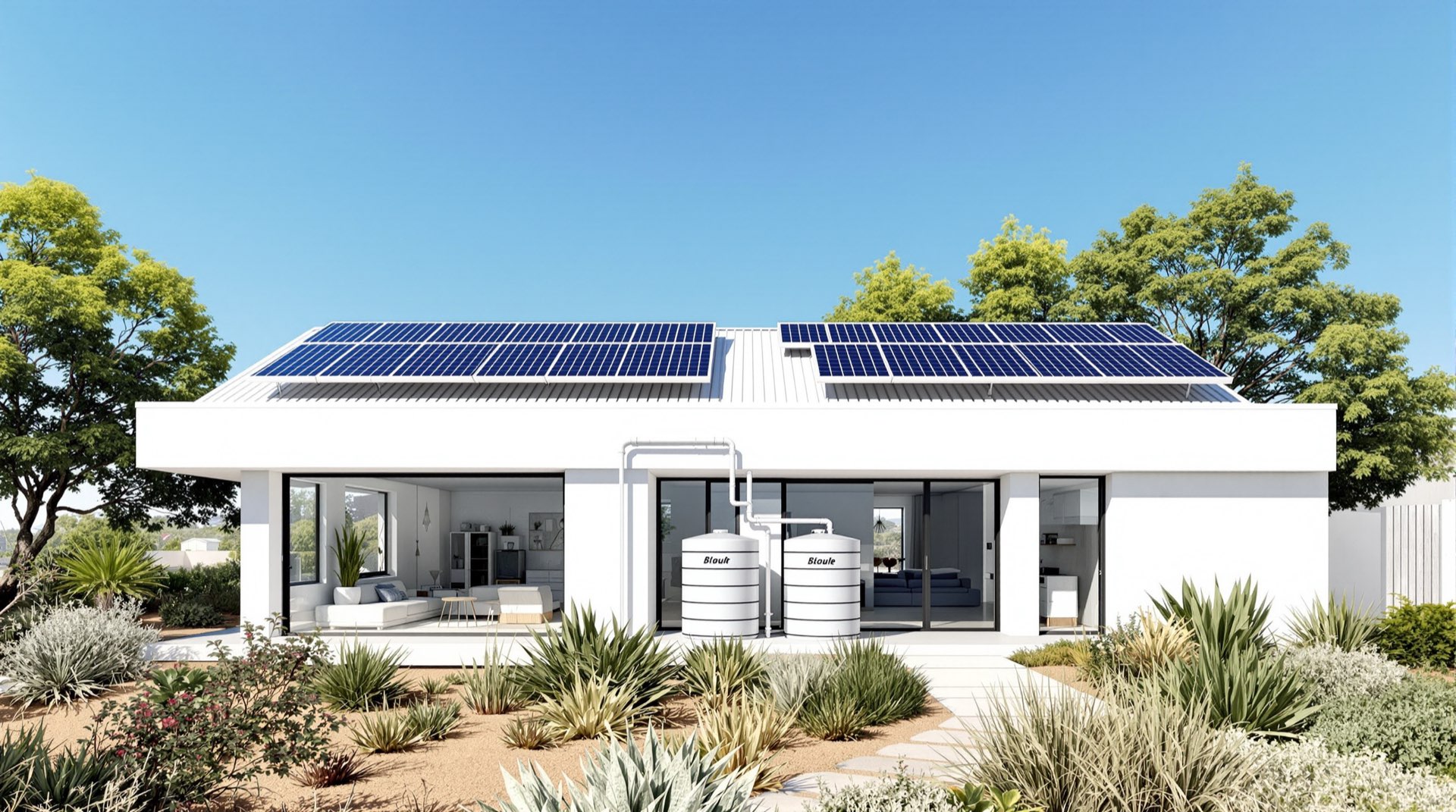 Modern eco home with solar panels, rainwater tanks and a native garden in bright daylight