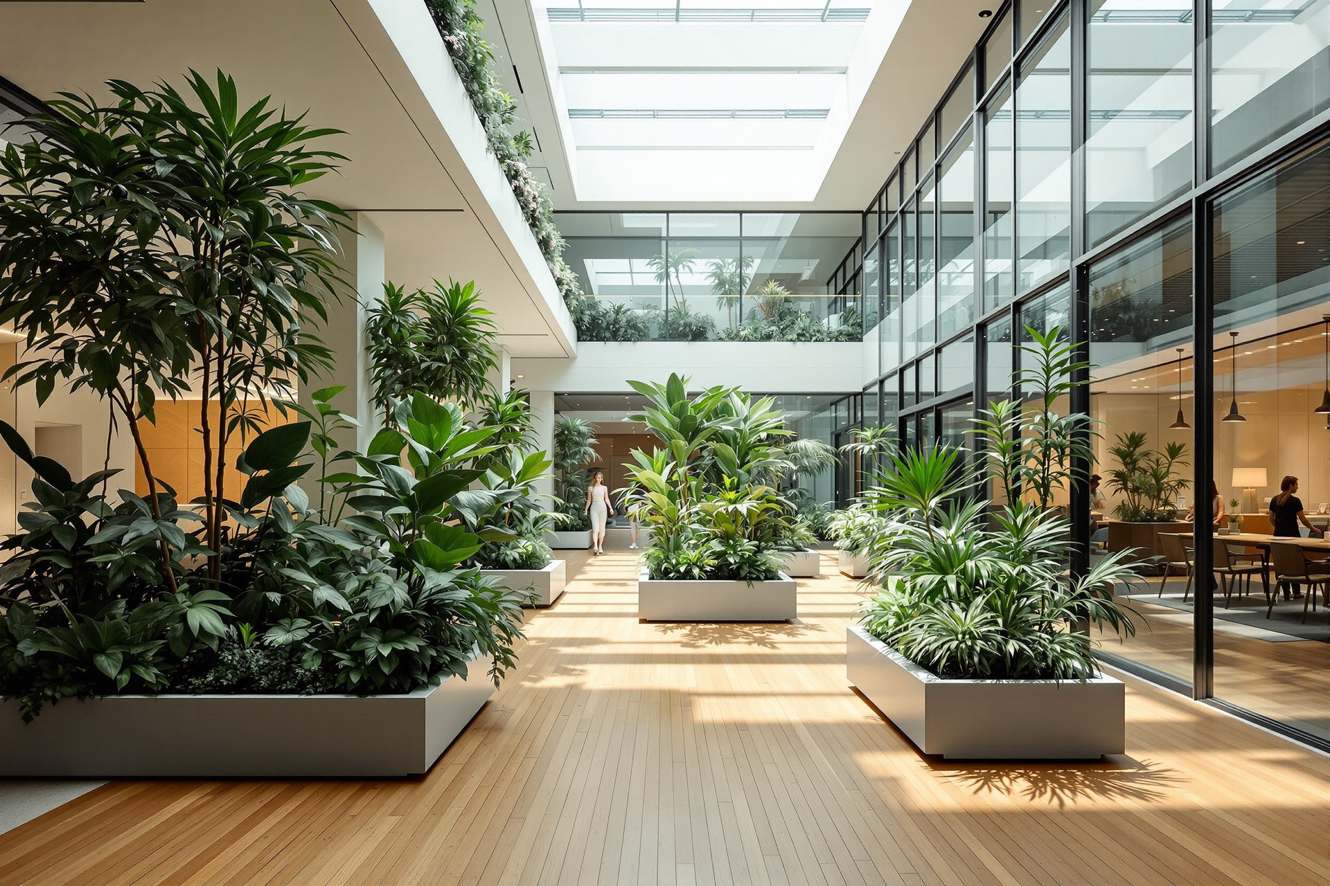 Sunlit modern atrium filled with indoor plants and daylight