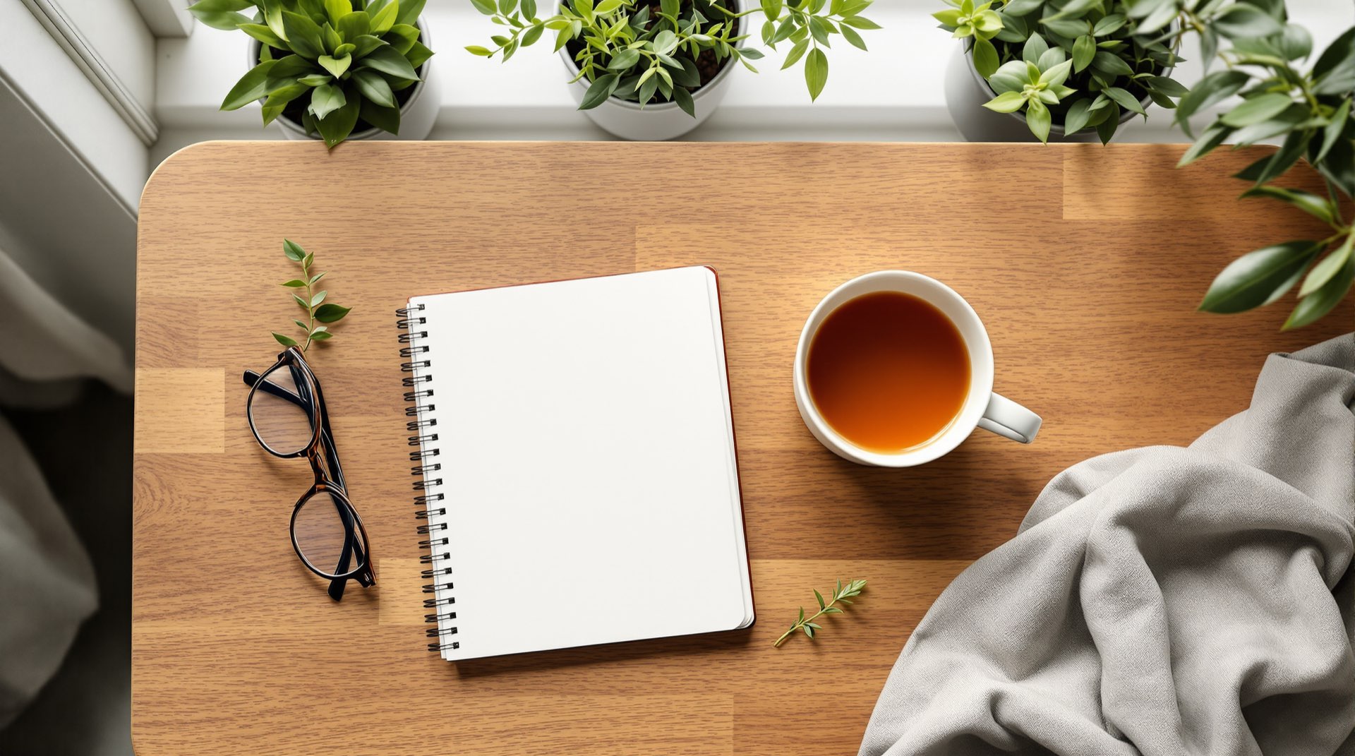 Open notebook with a sprig of green leaves and tea on a warm wooden desk by a window