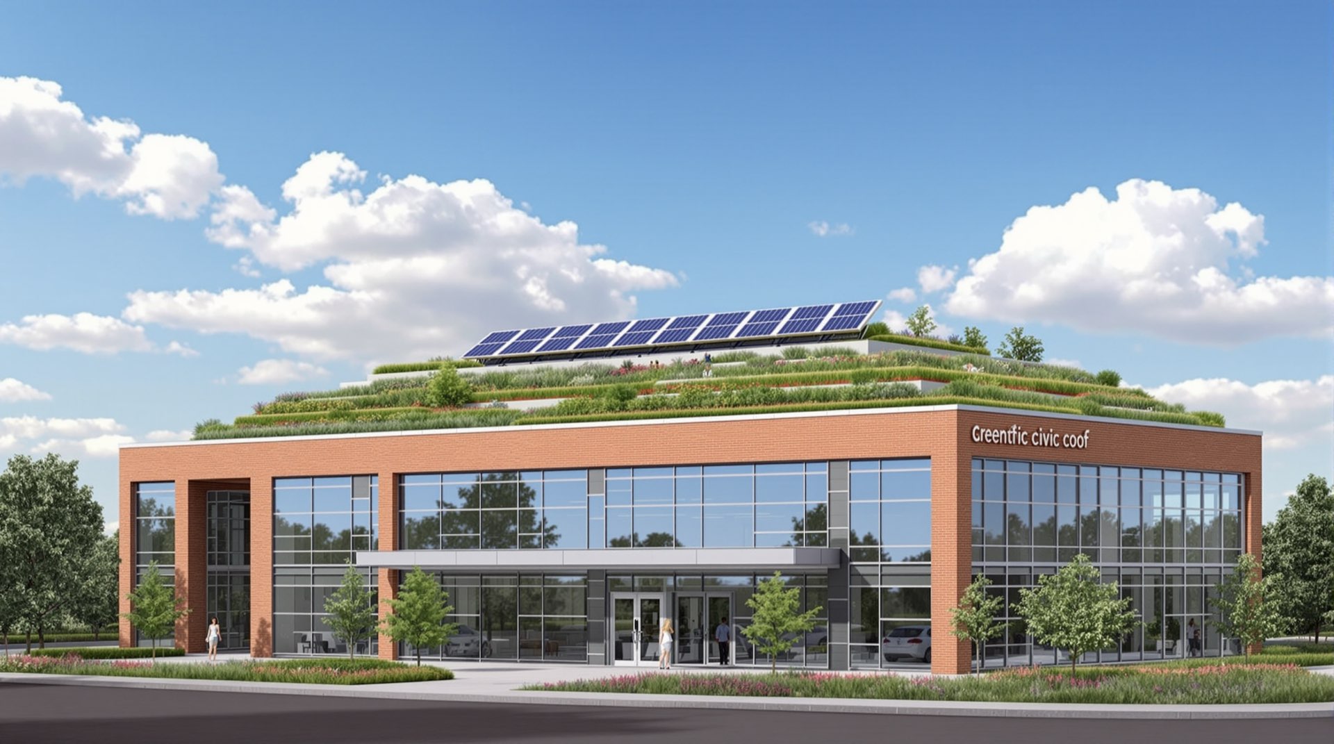 Modern green civic building with rooftop solar and a terraced green roof