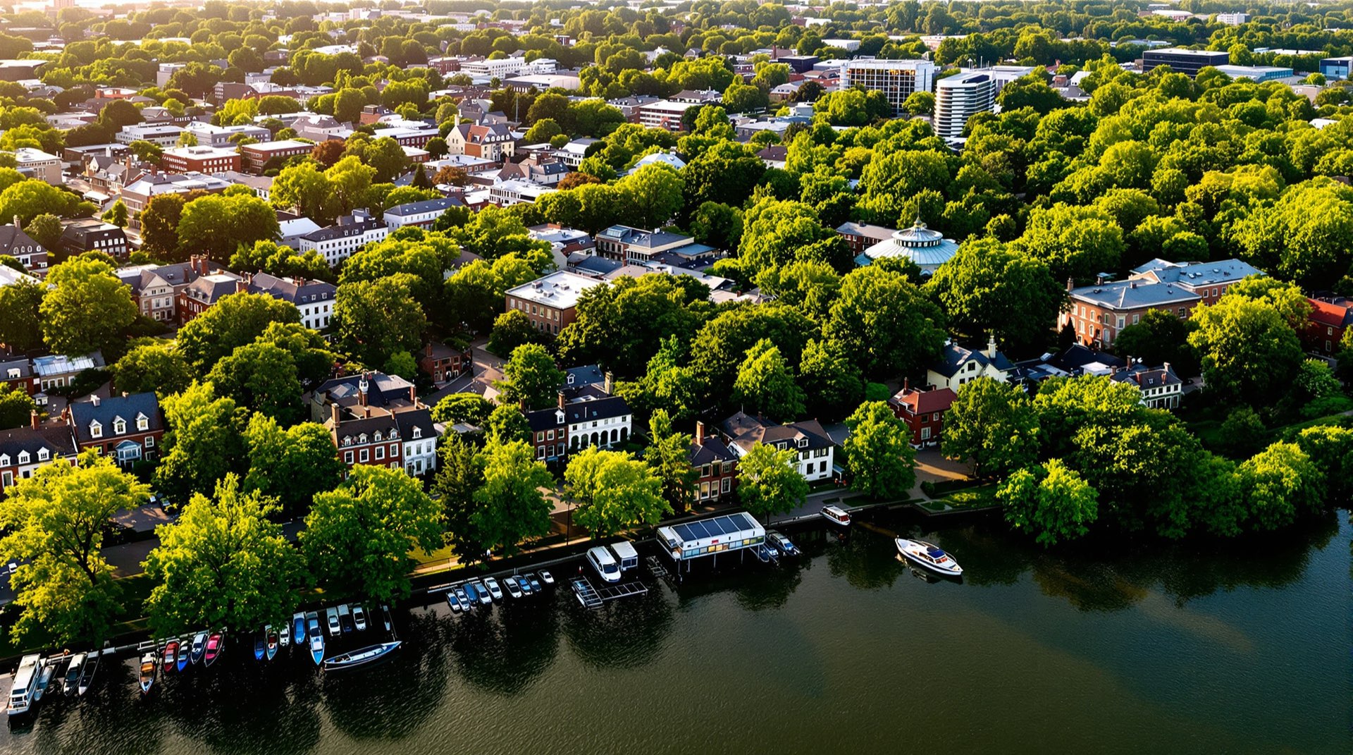 Aerial view of a leafy Washington DC-area waterfront neighborhood in summer