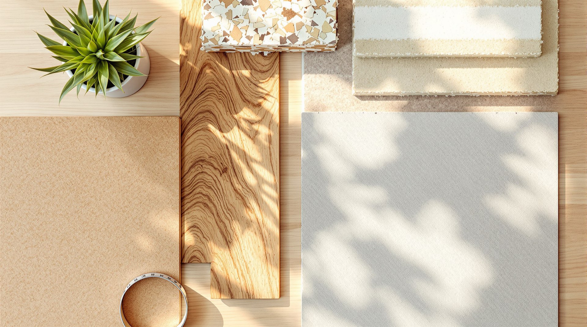 Flat lay of sustainable material samples with a small green plant